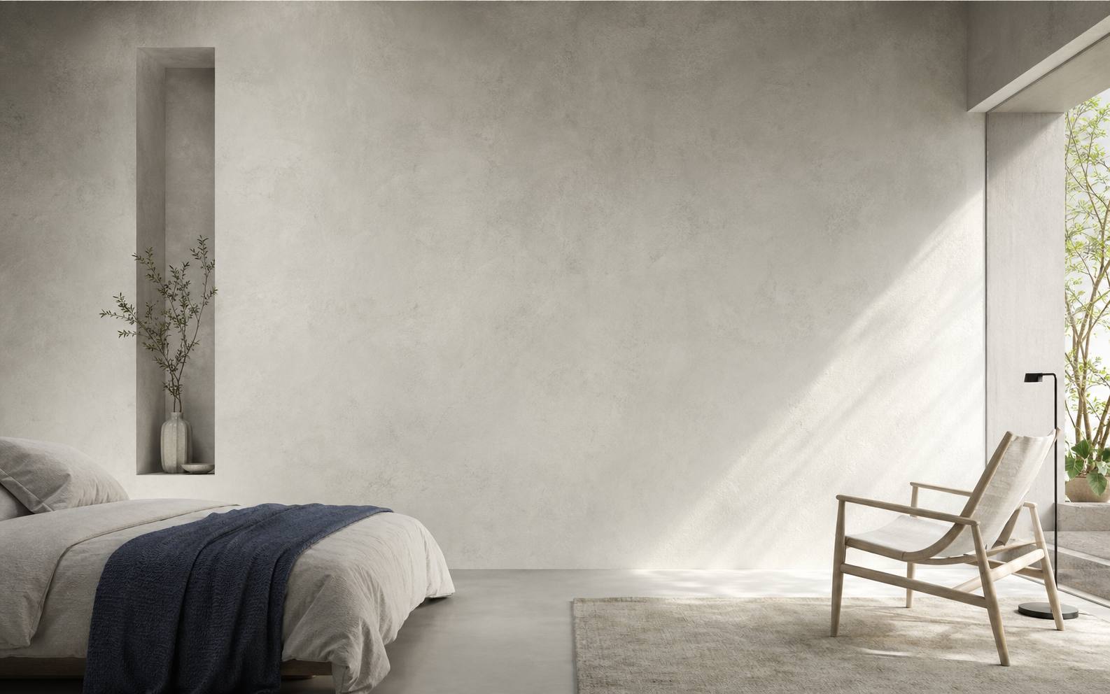 Render concettuale di una camera con grande parete opaca rifinita in Puramateria